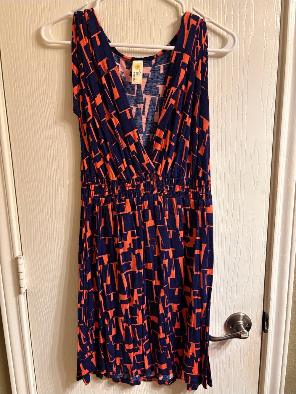 Sleeveless Navy and Orange Geometric V-Neck Mini Dress